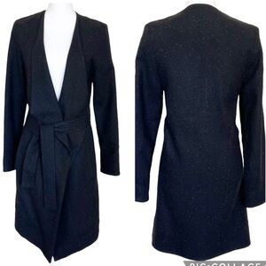 Alpha60 Drape Front Wool Blend Tie Front Jacket Black Fleck Mid Length Size XS